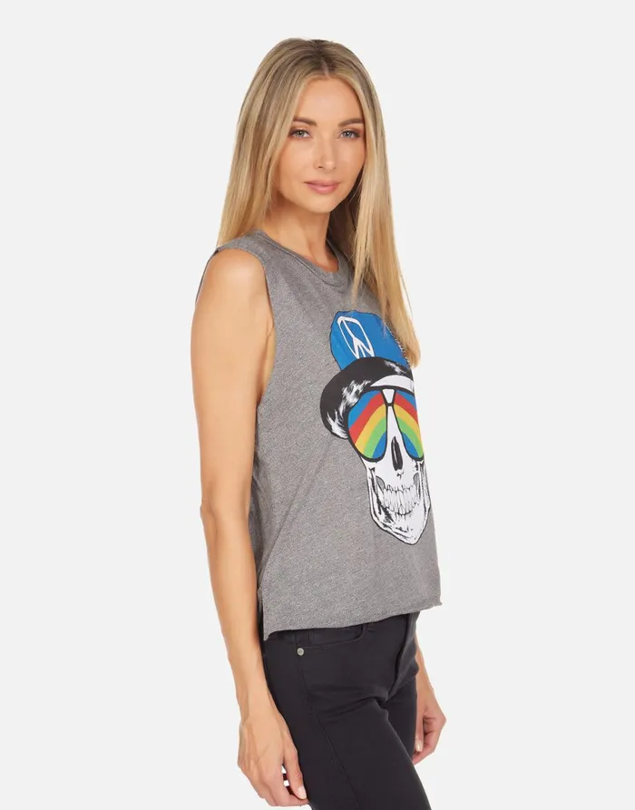 Kinzington Rainbow Peace Skull Heather Grey Women039s Lauren Moshi Tanks