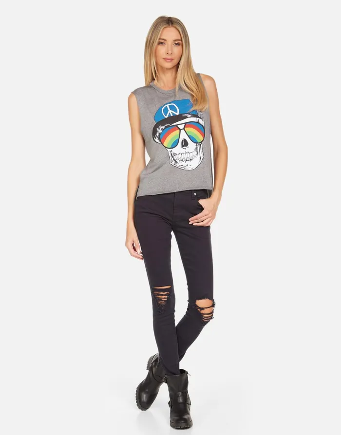 Kinzington Rainbow Peace Skull Heather Grey Women039s Lauren Moshi Tanks