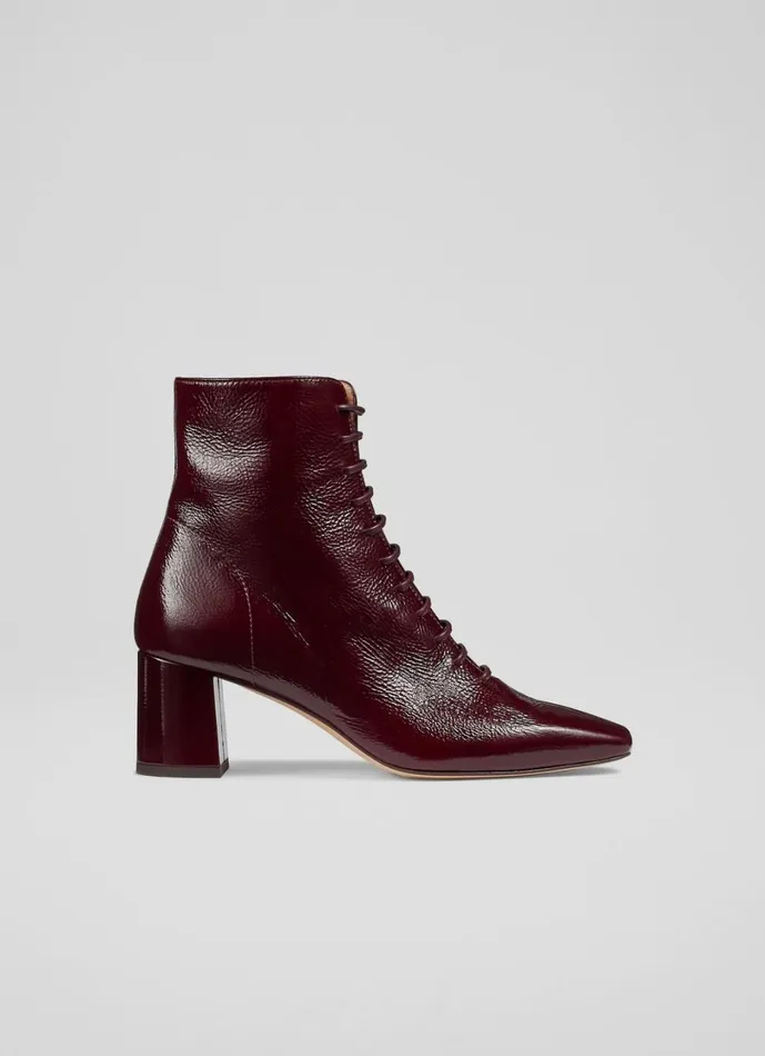 LKBennett Boots Women Arabella Bordeaux Crinkle Patent Lace Up Ankle Boots