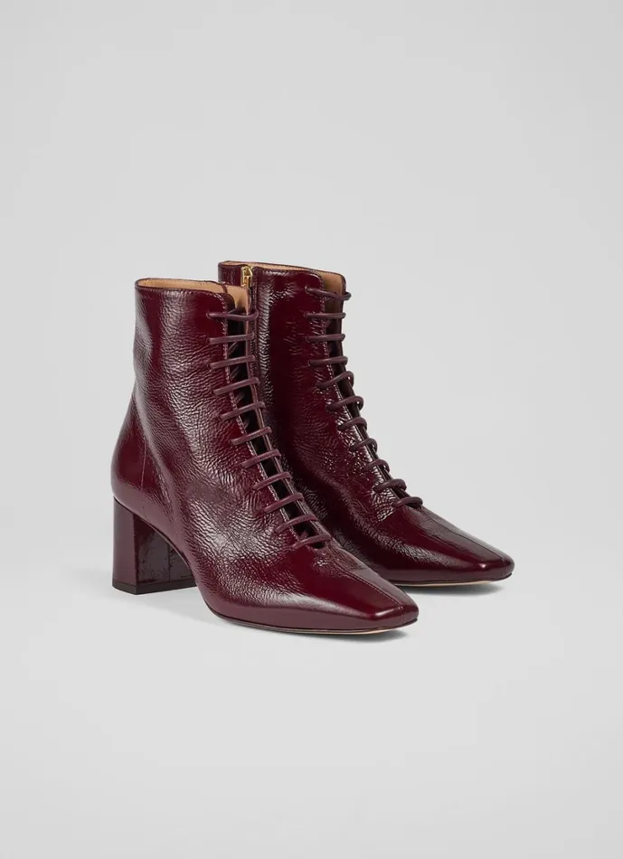 LKBennett Boots Women Arabella Bordeaux Crinkle Patent Lace Up Ankle Boots