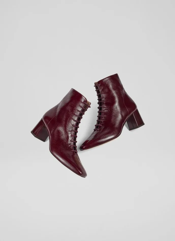 LKBennett Boots Women Arabella Bordeaux Crinkle Patent Lace Up Ankle Boots