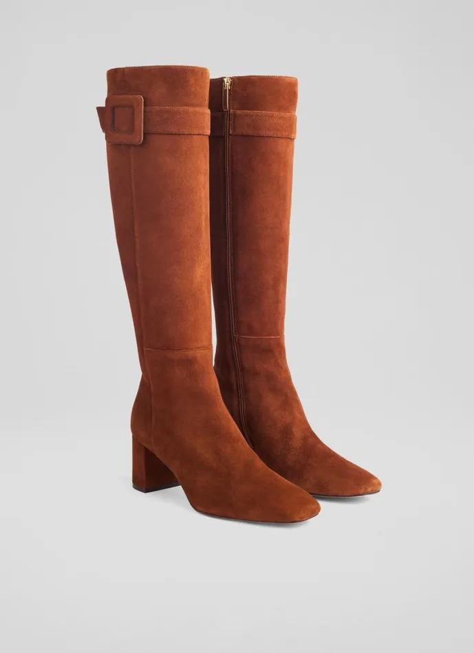 LKBennett Boots Women Carlotta Tan Covered Buckle Knee High Boot LKBennett Boots Women Carlotta Tan Covered Buckle Knee High Boot