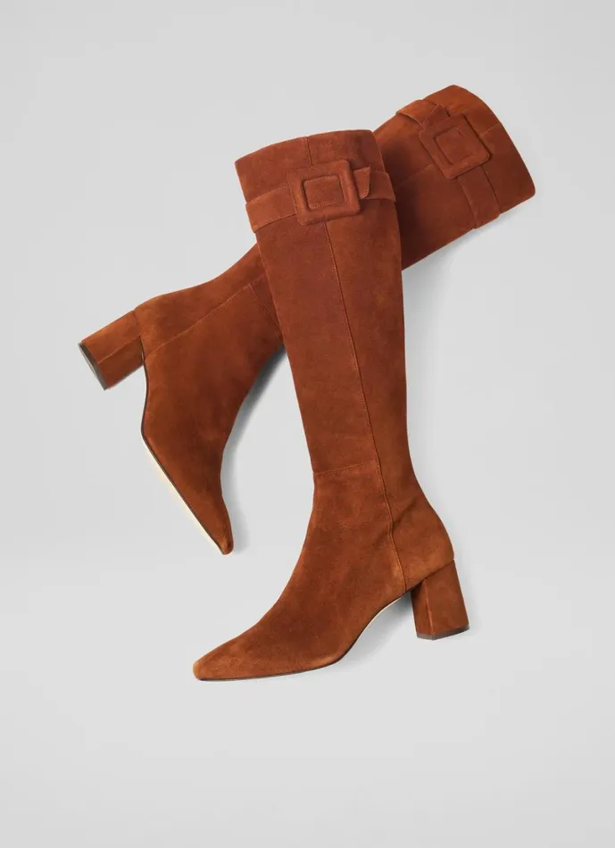 LKBennett Boots Women Carlotta Tan Covered Buckle Knee High Boot LKBennett Boots Women Carlotta Tan Covered Buckle Knee High Boot