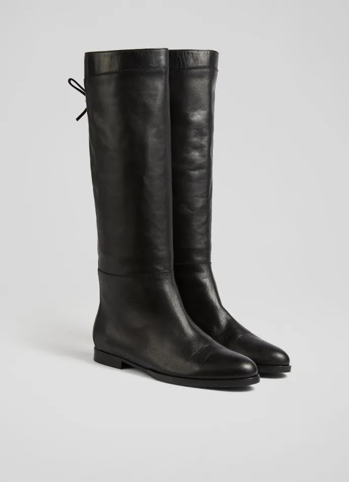 LKBennett Boots Women Cassandra Black Leather Flat KneeHigh Boots