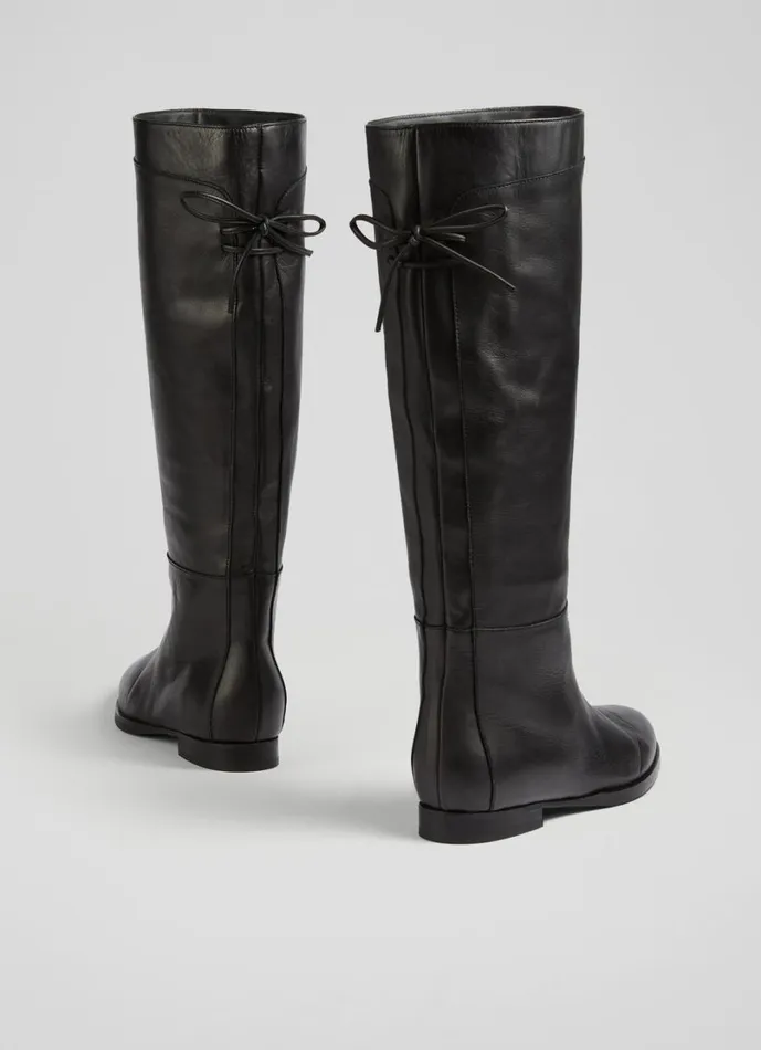 LKBennett Boots Women Cassandra Black Leather Flat KneeHigh Boots