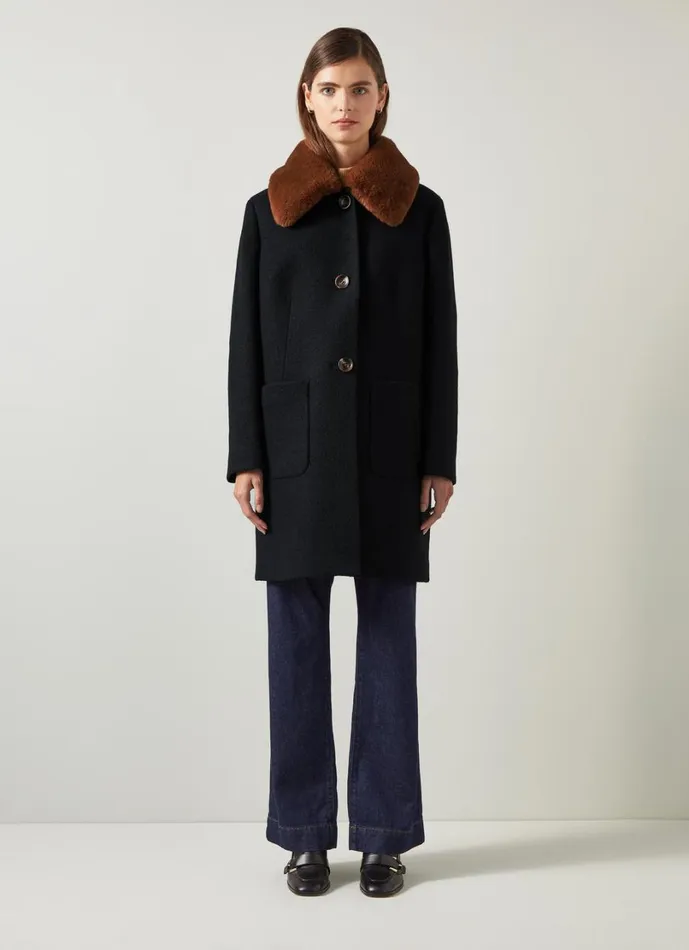 LKBennett Coats and Jackets Women Aster Black and Cognac Boucle Coat With Faux Fur Collar LKBennett Coats and Jackets Women Aster Black and Cognac Boucle Coat With Faux Fur Collar