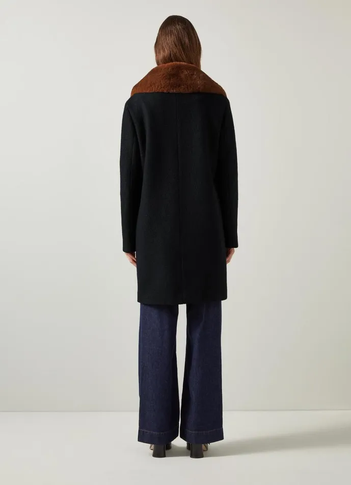LKBennett Coats and Jackets Women Aster Black and Cognac Boucle Coat With Faux Fur Collar LKBennett Coats and Jackets Women Aster Black and Cognac Boucle Coat With Faux Fur Collar