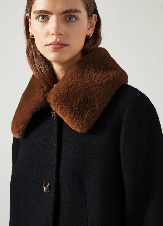 LKBennett Coats and Jackets Women Aster Black and Cognac Boucle Coat With Faux Fur Collar LKBennett Coats and Jackets Women Aster Black and Cognac Boucle Coat With Faux Fur Collar