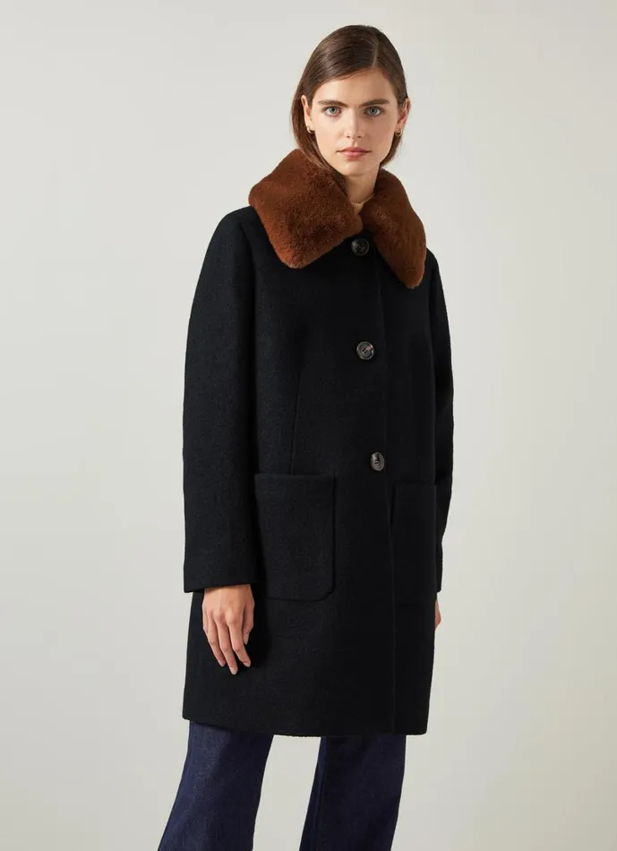 LKBennett Coats and Jackets Women Aster Black and Cognac Boucle Coat With Faux Fur Collar LKBennett Coats and Jackets Women Aster Black and Cognac Boucle Coat With Faux Fur Collar