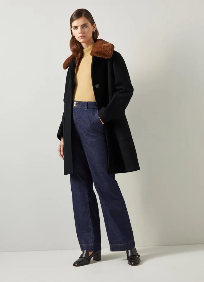 LKBennett Coats and Jackets Women Aster Black and Cognac Boucle Coat With Faux Fur Collar LKBennett Coats and Jackets Women Aster Black and Cognac Boucle Coat With Faux Fur Collar