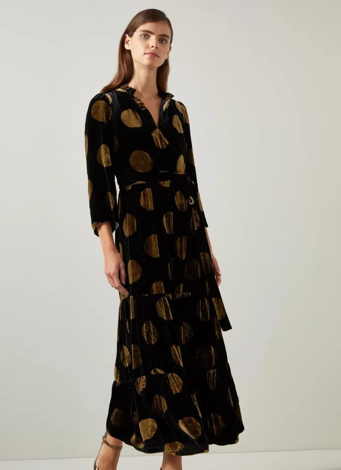 LKBennett Dresses Women Lulu Black and Gold Giant Spot Print Velvet Dress