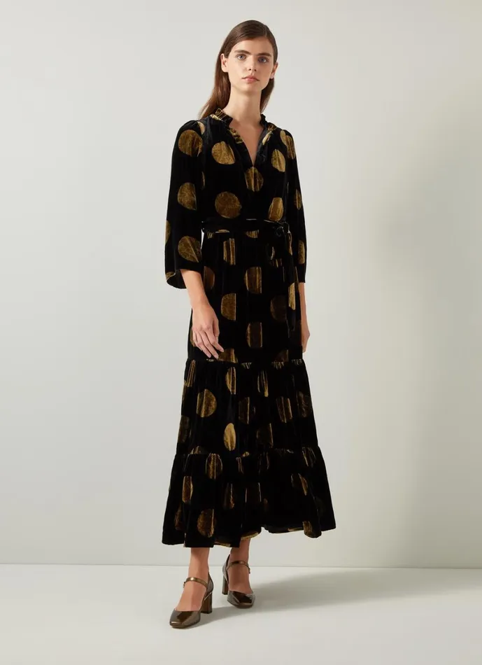 LKBennett Dresses Women Lulu Black and Gold Giant Spot Print Velvet Dress LKBennett Dresses Women Lulu Black and Gold Giant Spot Print Velvet Dress