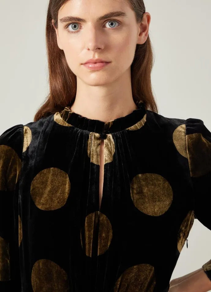 LKBennett Dresses Women Lulu Black and Gold Giant Spot Print Velvet Dress LKBennett Dresses Women Lulu Black and Gold Giant Spot Print Velvet Dress