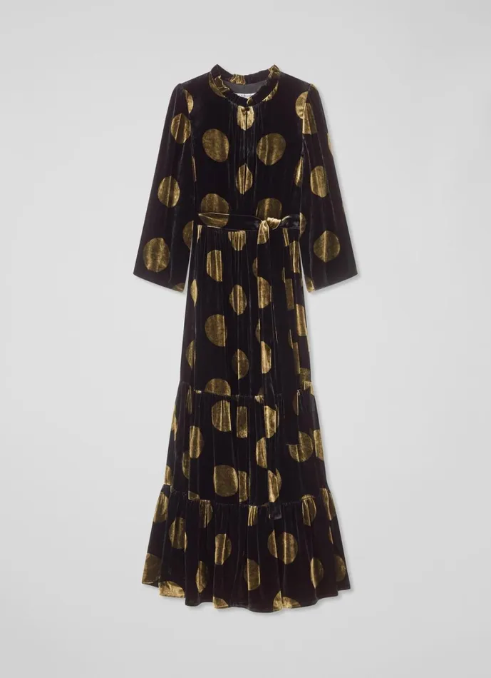 LKBennett Dresses Women Lulu Black and Gold Giant Spot Print Velvet Dress LKBennett Dresses Women Lulu Black and Gold Giant Spot Print Velvet Dress