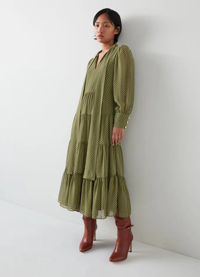 LKBennett Dresses Women Polly Petite Olive and Birch Polka Dot Tiered Dress