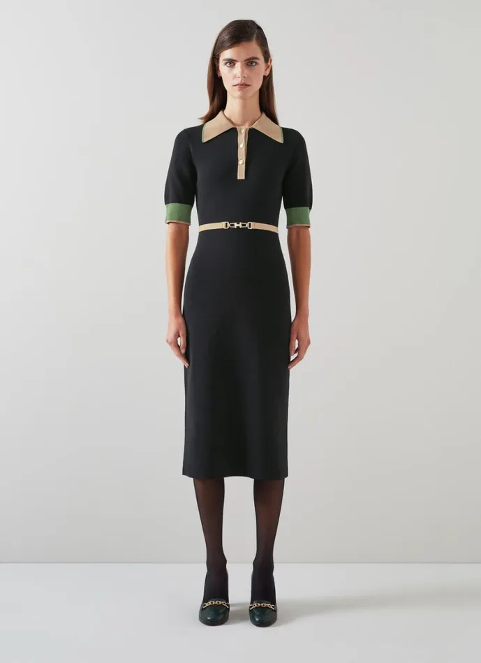 LKBennett Dresses Women Rosey Black Multi Chain Belt Trim Milano Knit Dress