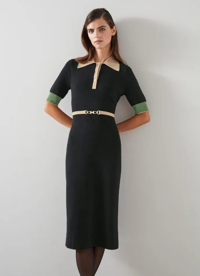 LKBennett Dresses Women Rosey Black Multi Chain Belt Trim Milano Knit Dress