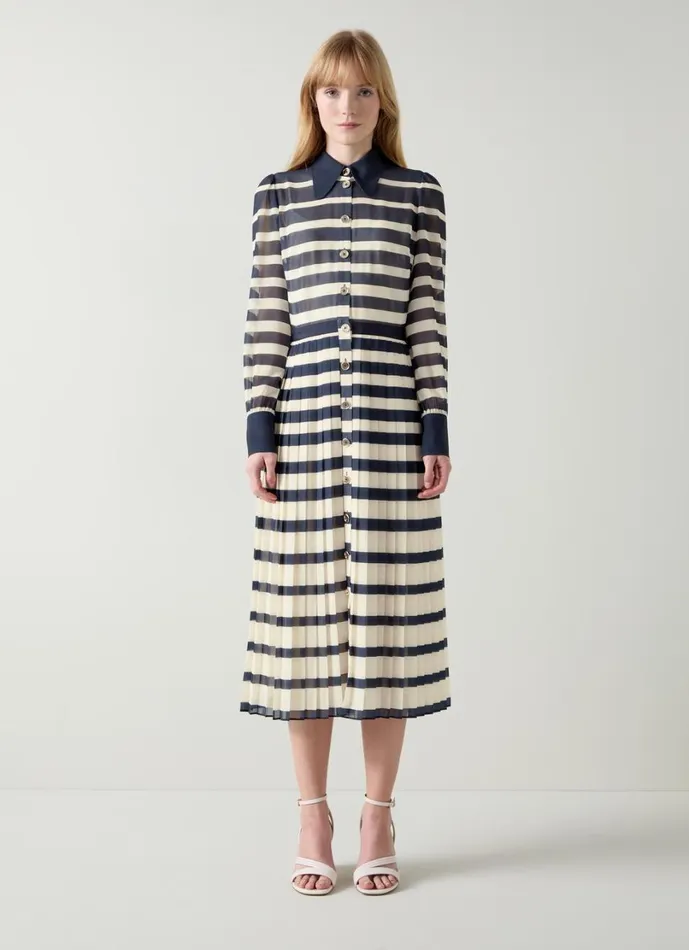 LKBennett Dresses Women Tallis Spring Navy and Cream Placement Stripe Dress
