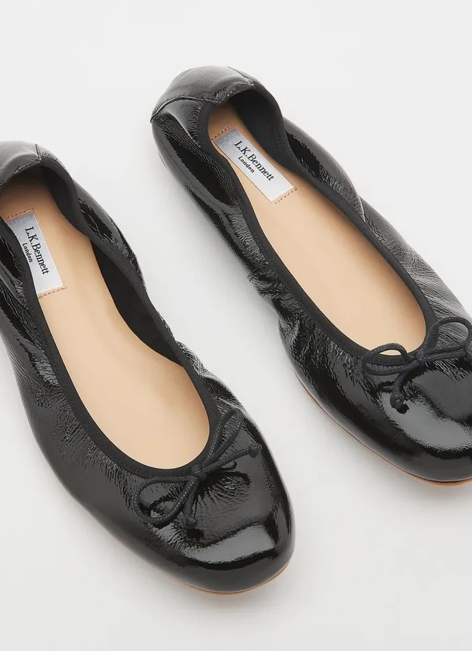 LKBennett Flats Women Trilly Black Crinkled Patent Ballet Pumps LKBennett Flats Women Trilly Black Crinkled Patent Ballet Pumps