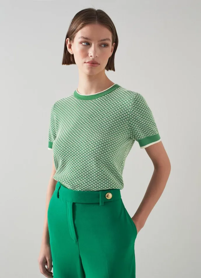 LKBennett Knitwear Women Honey Green And Cream CottonMerino Waffle Knit Top