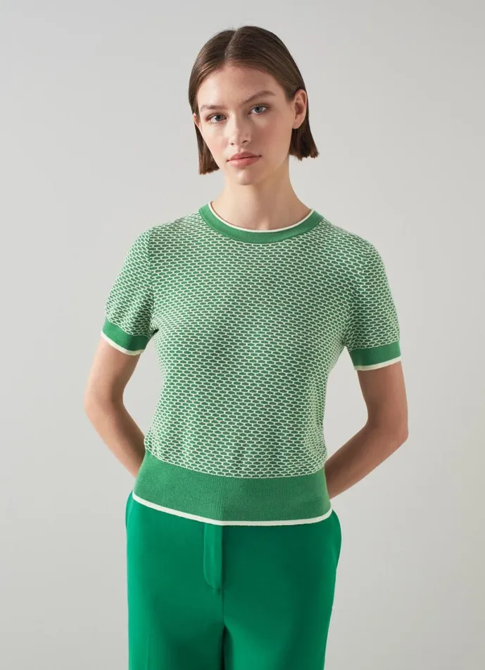 LKBennett Knitwear Women Honey Green And Cream CottonMerino Waffle Knit Top LKBennett Knitwear Women Honey Green And Cream CottonMerino Waffle Knit Top