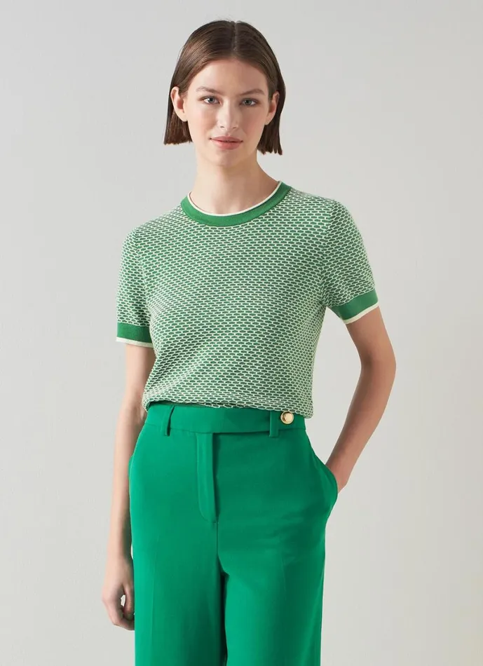 LKBennett Knitwear Women Honey Green And Cream CottonMerino Waffle Knit Top LKBennett Knitwear Women Honey Green And Cream CottonMerino Waffle Knit Top
