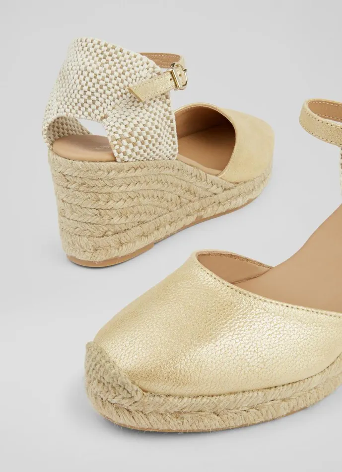 LKBennett Sandals Women Marissa Gold Leather Ankle Strap Espadrilles LKBennett Sandals Women Marissa Gold Leather Ankle Strap Espadrilles