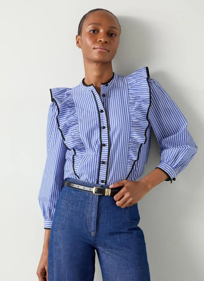 LKBennett Tops Women Lucan Blue and White Striped Cotton Blouse