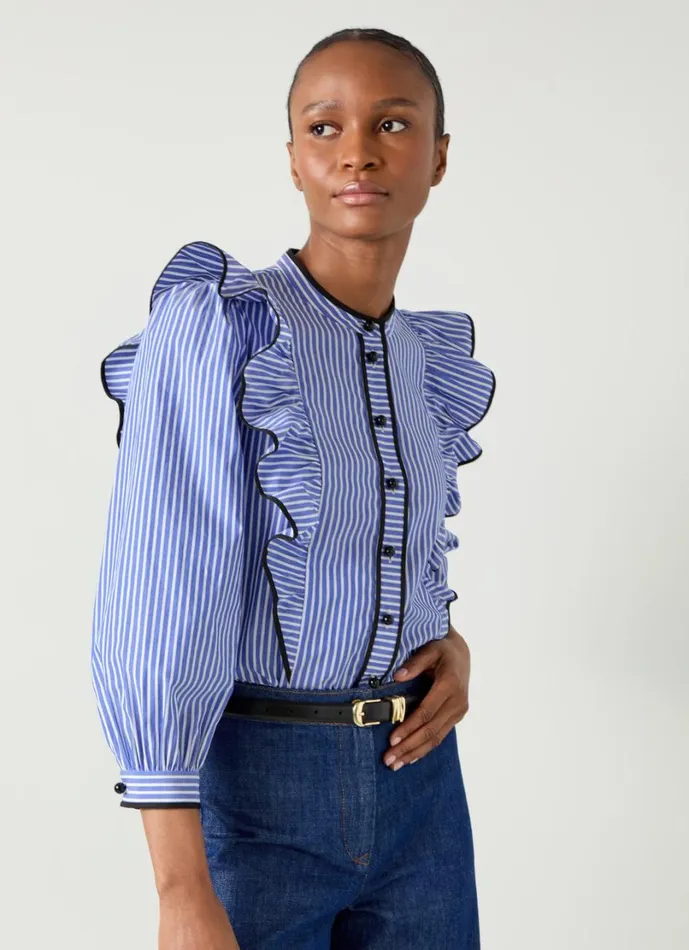 LKBennett Tops Women Lucan Blue and White Striped Cotton Blouse