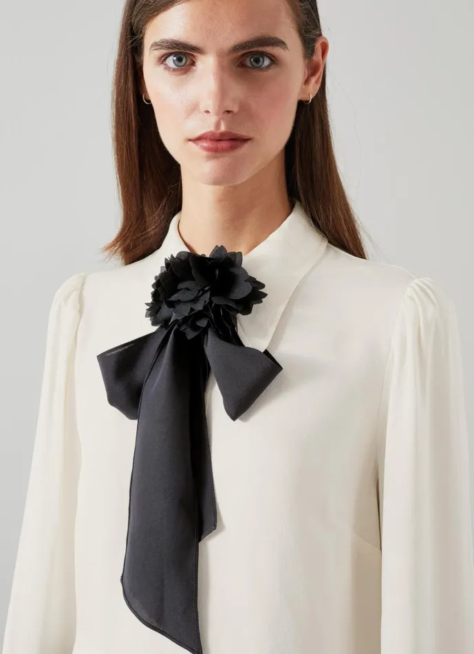 LKBennett Tops Women Rose Birch and Black Crepe Blouse With Corsage Detail LKBennett Tops Women Rose Birch and Black Crepe Blouse With Corsage Detail
