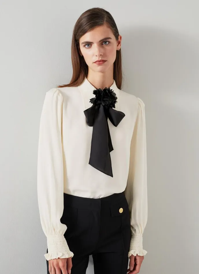 LKBennett Tops Women Rose Birch and Black Crepe Blouse With Corsage Detail LKBennett Tops Women Rose Birch and Black Crepe Blouse With Corsage Detail