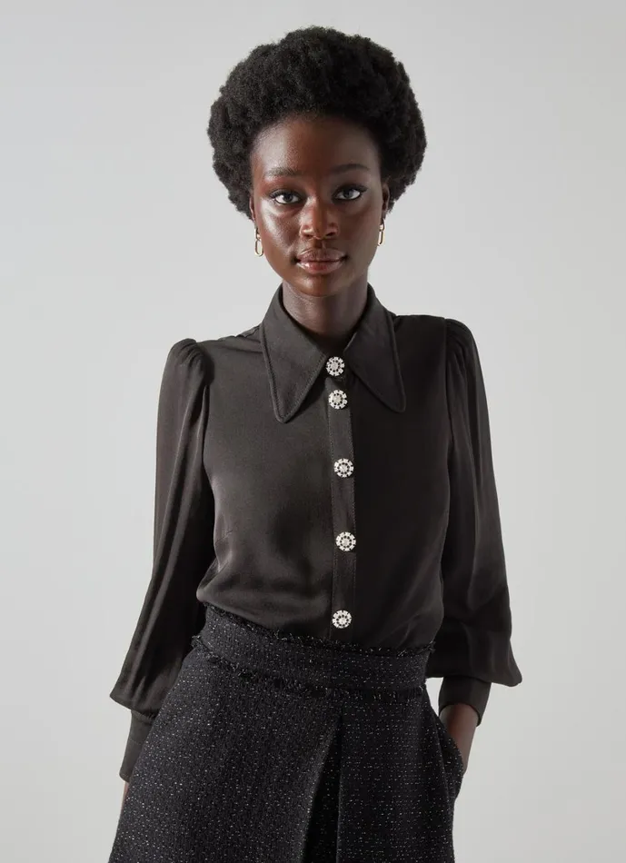 LKBennett Tops Women Sonya Black Crepe Crystal Button Blouse LKBennett Tops Women Sonya Black Crepe Crystal Button Blouse