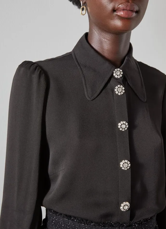 LKBennett Tops Women Sonya Black Crepe Crystal Button Blouse LKBennett Tops Women Sonya Black Crepe Crystal Button Blouse