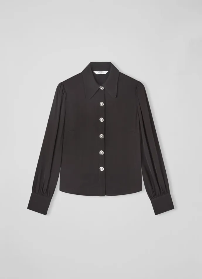 LKBennett Tops Women Sonya Black Crepe Crystal Button Blouse LKBennett Tops Women Sonya Black Crepe Crystal Button Blouse