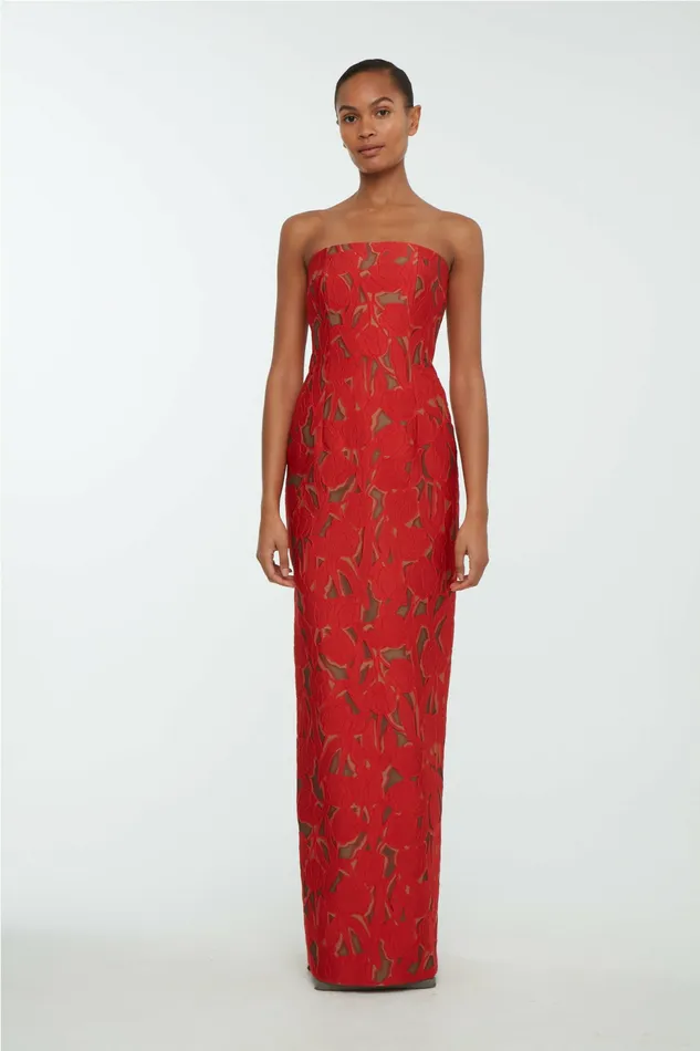 Laelia Dress In Red on Beige Embellished Wool Dresses Emilia Wickstead Women