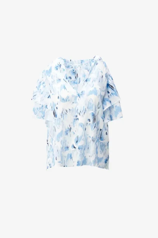 Lala Berlin Shirts and Blouses Top Tenyana Cotton Floral Fountain Blue 8211 Women