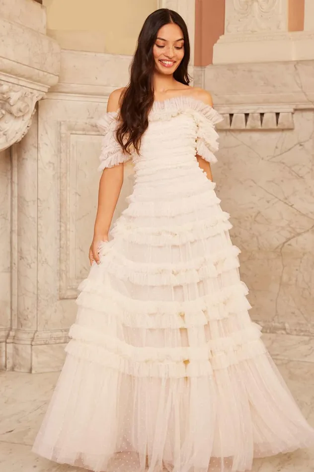 Lisette Ruffle Off Shoulder Gown Champagne Women Needle and Thread Dresses
