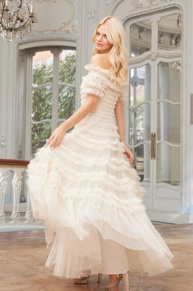 Lisette Ruffle Off Shoulder Gown Champagne Women Needle and Thread Dresses