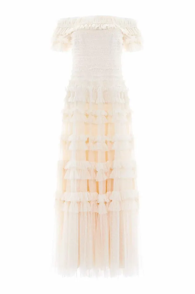Lisette Ruffle Off Shoulder Gown Champagne Women Needle and Thread Dresses