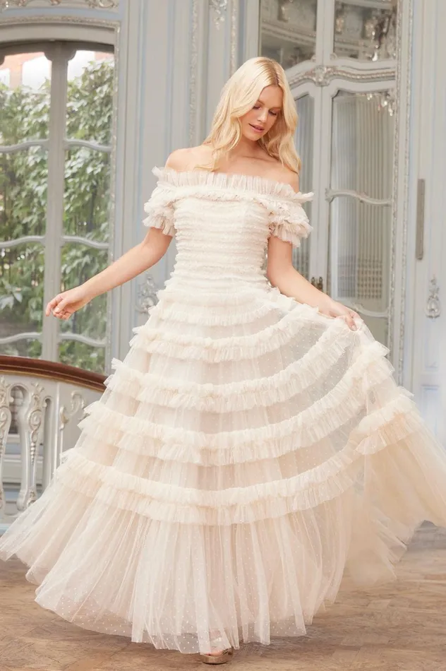 Lisette Ruffle Off Shoulder Gown Champagne Women Needle and Thread Dresses