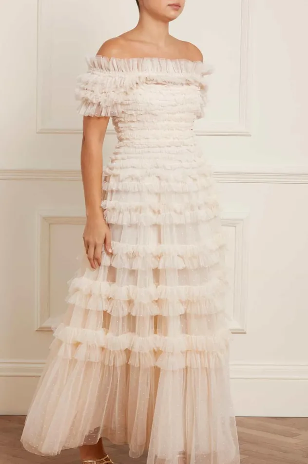 Lisette Ruffle Off Shoulder Gown Champagne Women Needle and Thread Dresses