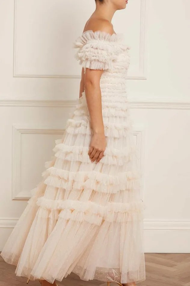 Lisette Ruffle Off Shoulder Gown Champagne Women Needle and Thread Dresses