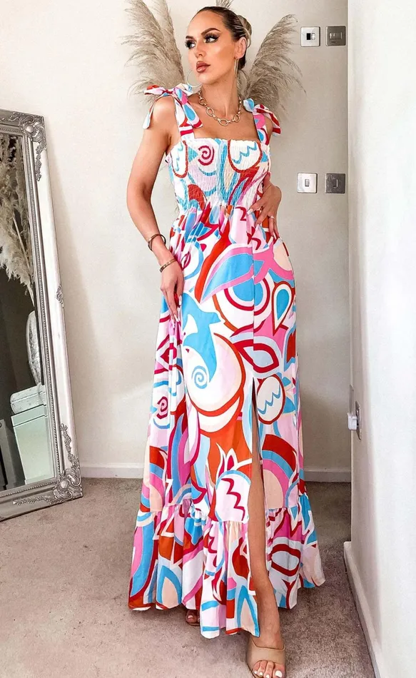 Lora Summer Patterned Shirred Maxi Dress Women Missfiga Maxi Dresses