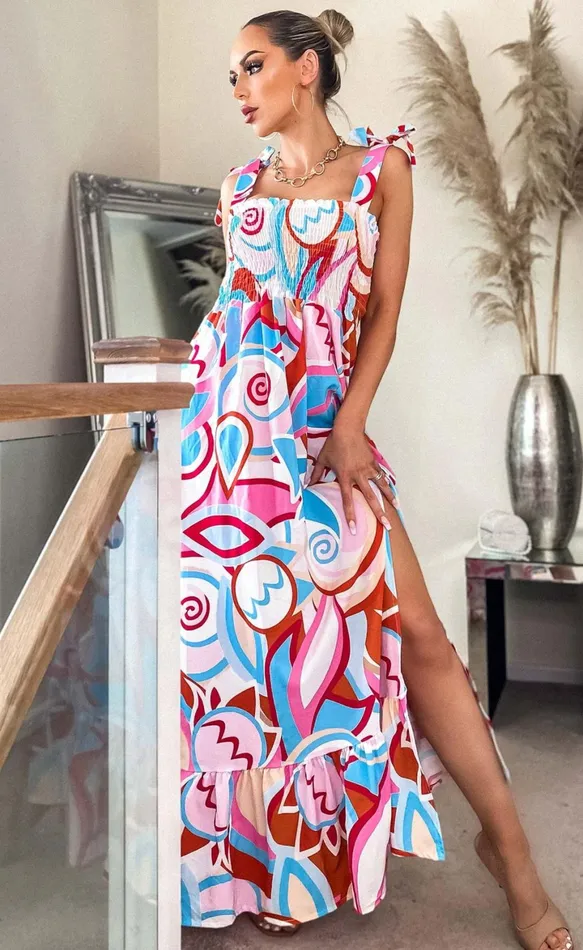 Lora Summer Patterned Shirred Maxi Dress Women Missfiga Maxi Dresses