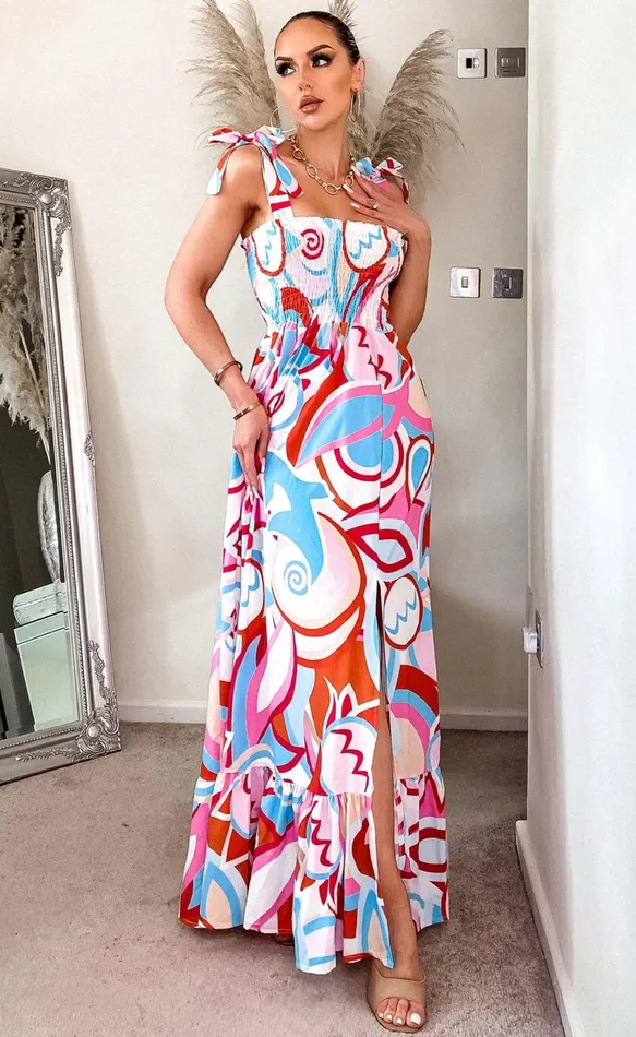 Lora Summer Patterned Shirred Maxi Dress Women Missfiga Maxi Dresses