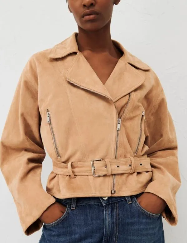 Marella Jackets Women Suede Bikerstyle Jacket Sand