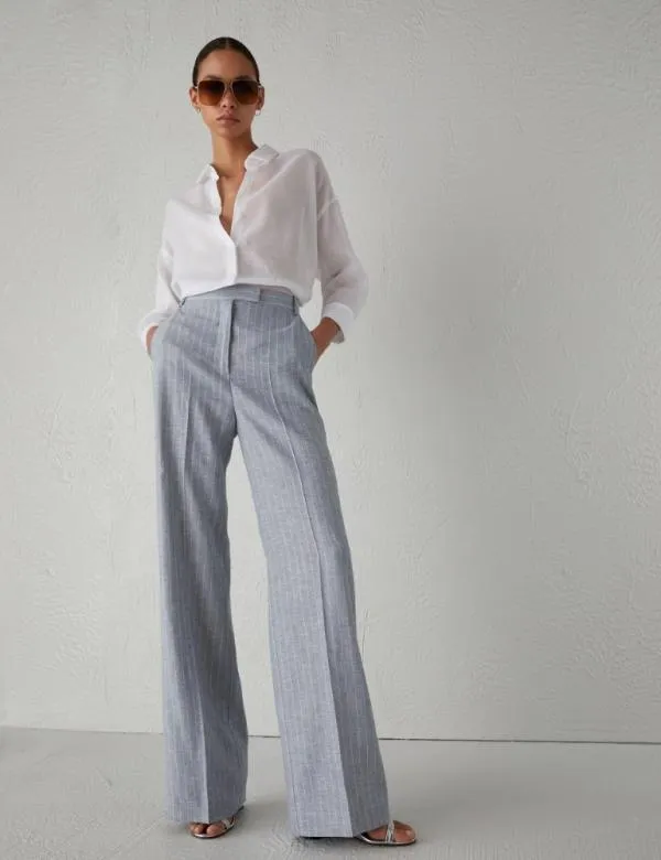 Marella Trousers Women Pinstripe Linenblend Trousers Dust Blue Marella Trousers Women Pinstripe Linenblend Trousers Dust Blue