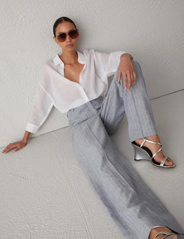 Marella Trousers Women Pinstripe Linenblend Trousers Dust Blue Marella Trousers Women Pinstripe Linenblend Trousers Dust Blue