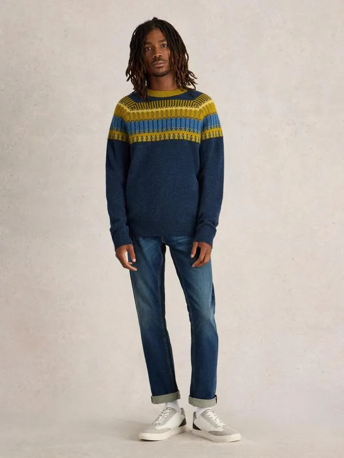Men Block Fairisle Crew Neck Navy Multi White Stuff Knitwear