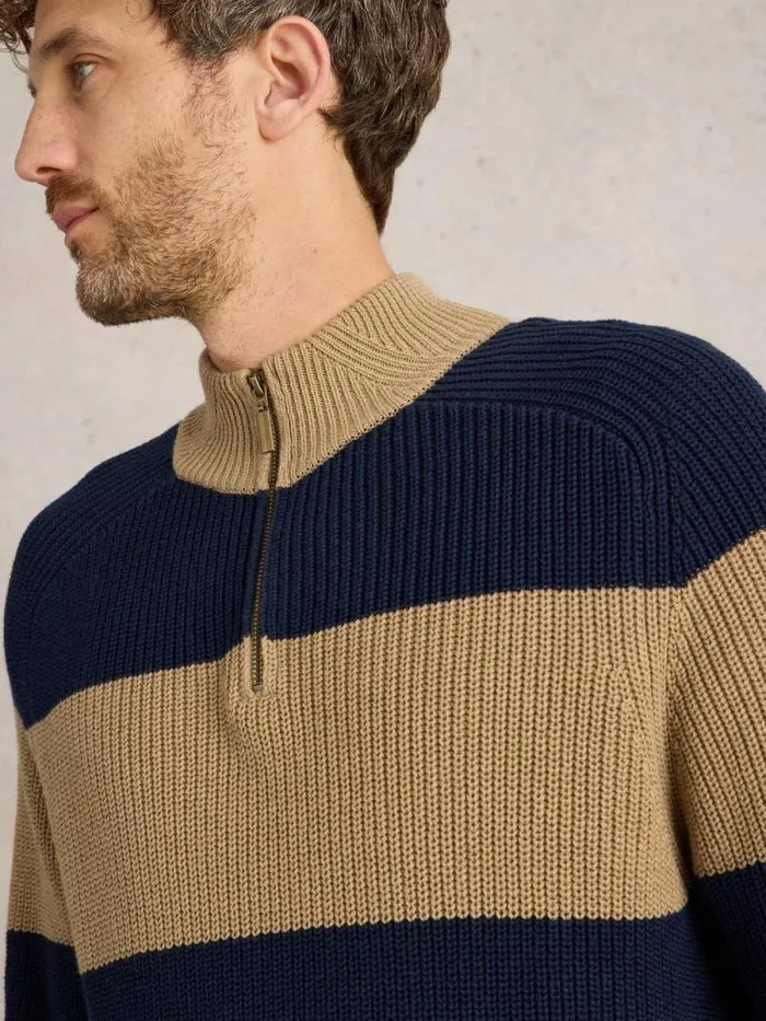 Men Block Stripe Funnel Neck Tan Multi White Stuff Knitwear